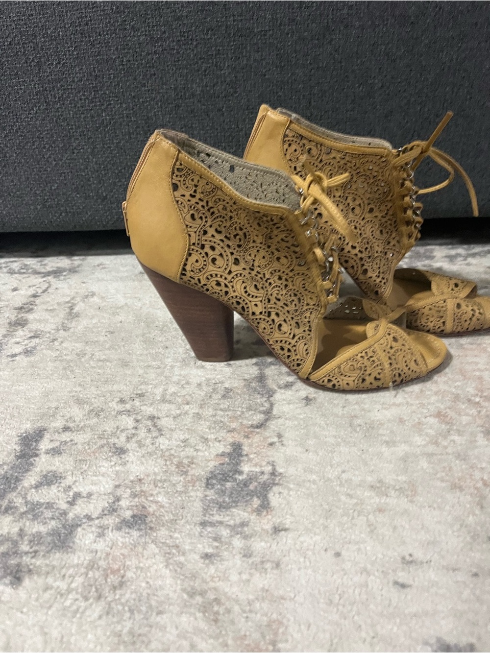 Bernardo Tan Laser-Cut Lace-Up Block Heel Sandals